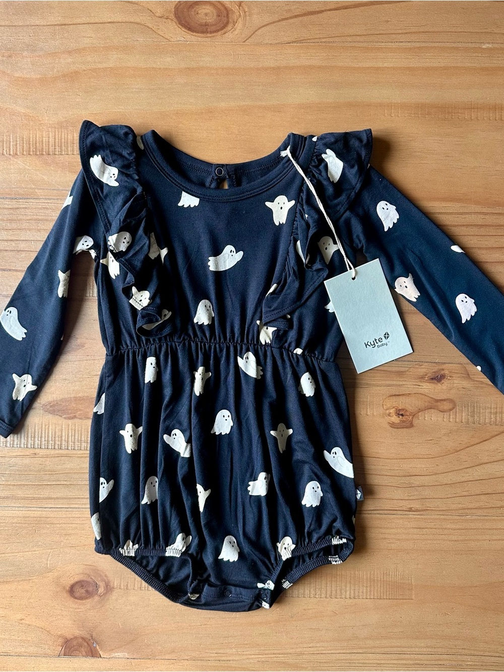 Kyte BABY Black Long-Sleeve One-Piece with Cream Ghost Print